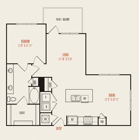 Floor plan for 1 bed, 1 bath, 868 sqft